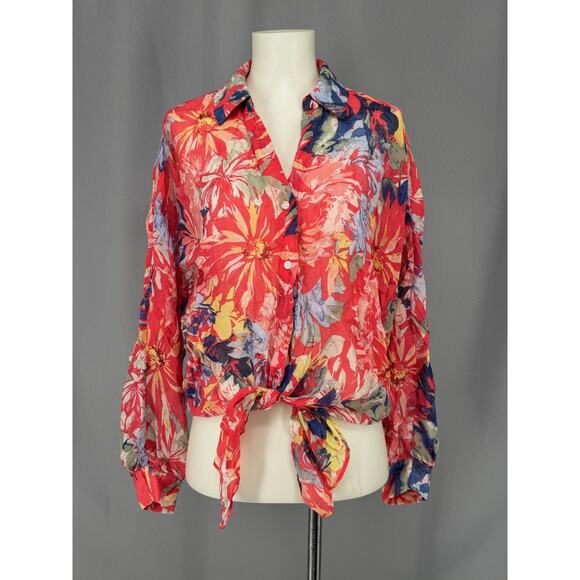 Vince Camuto Tops - Vince Camuto Shirt Womens Medium Multicolor Floral Sheer Button Front Tie Hem